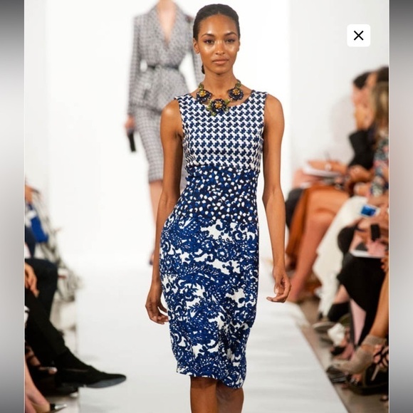 Oscar de la Renta Mixed Check & Lace Printed Dress, Lapis - Size 12 - Picture 1 of 15